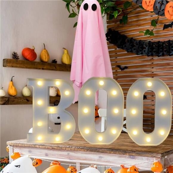 Halloween Decorations, BOO Lights Up Letters 8.7in BOO LED Marquee Sign, 3D Bats - Picture 2 of 8